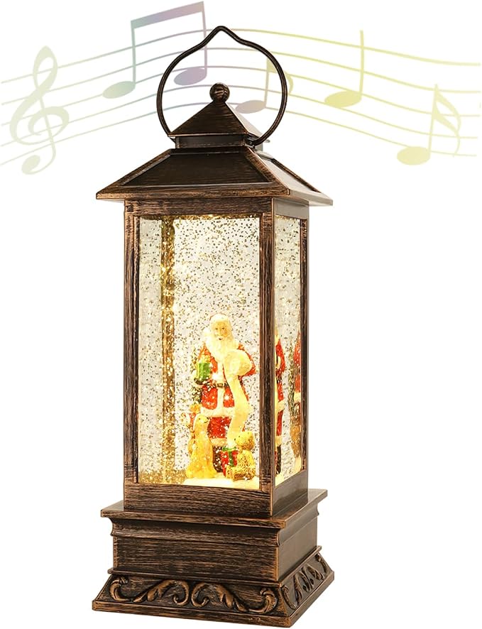 Rotating Santa Musical Snow Globe Lantern, Xmas Decor, 8 Xmas Songs &Timer | sparkling water under lights, 8 festive songs & auto timer. Perfect indoor Christmas decor for home/party celebrations