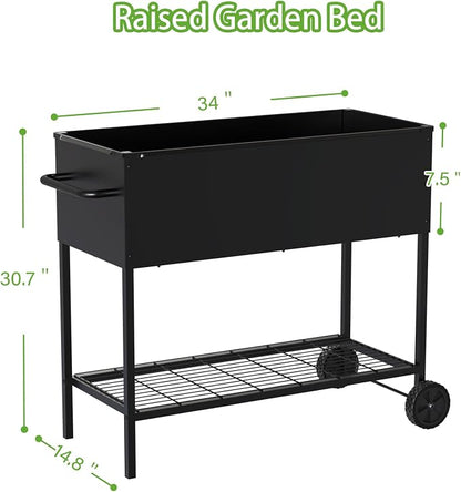 JWPEHOE 34 × 15 × 31 Inches Raised Garden Bed with Legs/Storage Shelf, Mobile Planter Box for Outdoor Plants, Elevated Garden Bed for Backyard, Balcony, Black