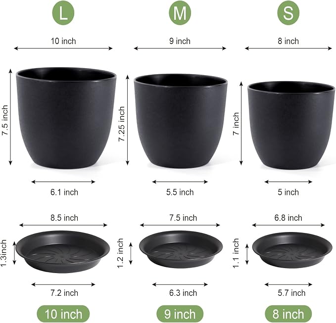 WSMKSZ 10/9/8 inch Medium Plant Pots, 3 Pack Modern Decorative Plastic Planters with Drainage Holes and Saucers, Flower Pots for Indoor Outdoor Plants, Black
