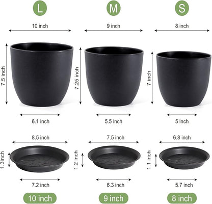 WSMKSZ 10/9/8 inch Medium Plant Pots, 3 Pack Modern Decorative Plastic Planters with Drainage Holes and Saucers, Flower Pots for Indoor Outdoor Plants, Black