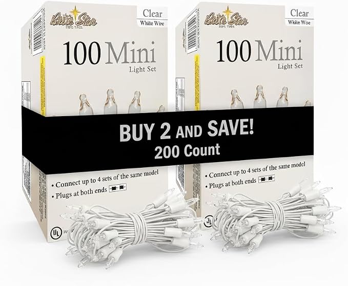 Brite Star 100 Count Mini String Christmas Lights, Clear - 22 feet Indoor/Outdoor Christmas Tree Lights with White Wire (Set of 2)