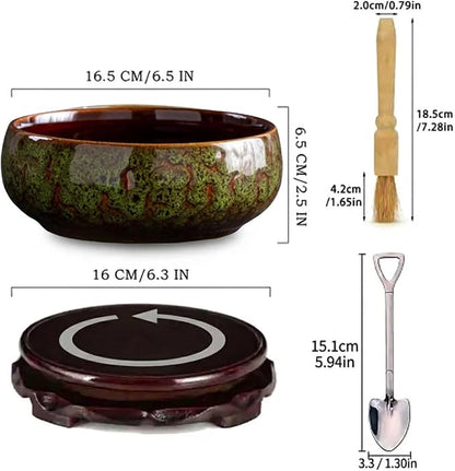 Lotus Bowl Planter - Ceramic Leak-Proof Hydroponic Pot with Rotating Bracket, 6.5 x 2.5 in Round Shallow Plant Glazed Vase, Indoor Water Planting for Home, Patio, Zen Garden Decor