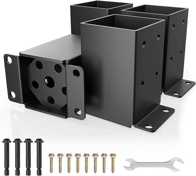 4x4 Post Base, Inner Size 3.5x3.5 Inch, Heavy Duty Post Anchor Base(4 Pcs) | 13 Gauge Thick Steel, Rust-Proof-Coated, Bottom Isolation Design – Corrosion Protection, for Pavilion, Porch, Railing