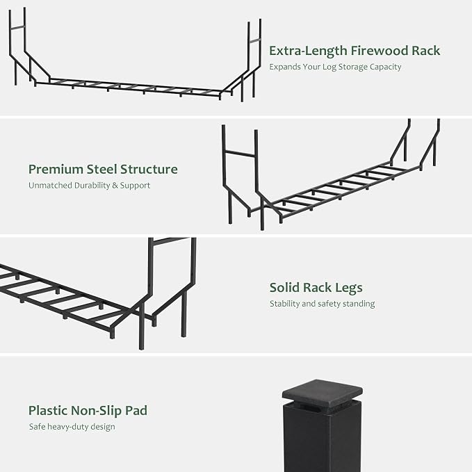 CADUKE 8.2ft Firewood Rack Outdoor & Indoor, Heavy Duty Metal Log Holder Storage Stand, 1/2 Cord Wood Rack Stacker with 1000lbs Capacity, Fire Wood Racks with16 Support Legs, for Patio Deck, Black