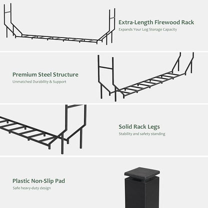 CADUKE 8.2ft Firewood Rack Outdoor & Indoor, Heavy Duty Metal Log Holder Storage Stand, 1/2 Cord Wood Rack Stacker with 1000lbs Capacity, Fire Wood Racks with16 Support Legs, for Patio Deck, Black