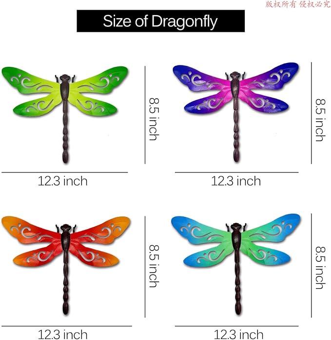 Metal Dragonfly Wall Decor, 4 Pcs Metal Dragonflies Wall Art Hanging Sculptures Decorations for Outdoor Fence Garden Yard Patio Exterior Decor