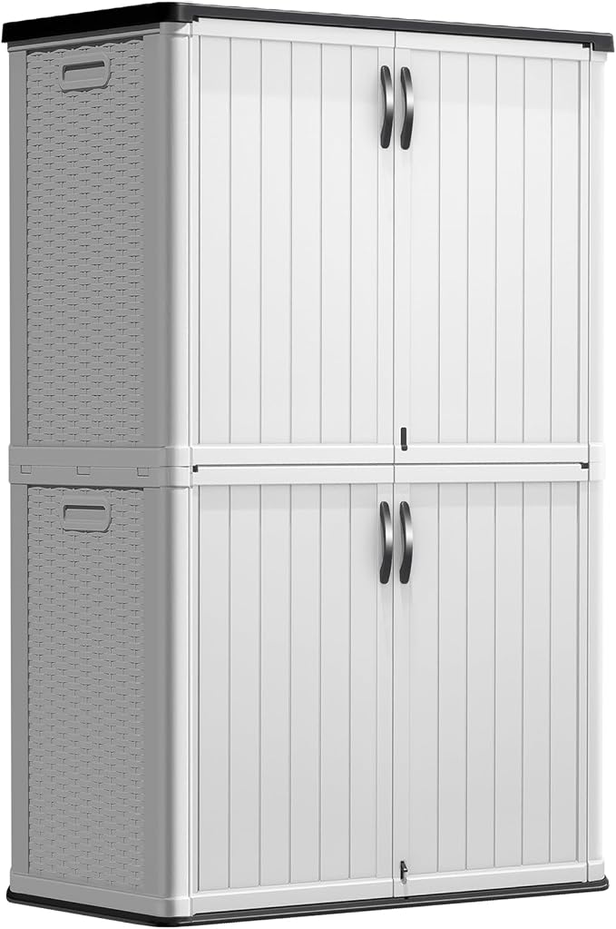 Greesum Outdoor Storage Cabinet Without Shelves, 50 cu.ft Outdoor Waterproof Storage Shed for Garden Tools, Garbage Cans, Pool Storage, White