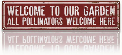 Garden Metal Tin Sign, Rustic Farmhouse Decor, Welcome to Our Garden Sign, Gardening Wall Art, for Yard Fence Door Porch, Indoor Outdoor Gardens Decoration, 15.7 x 3.9 Inches