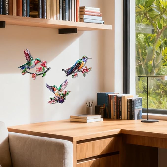 3 Pack Metal Hummingbird Wall Art Decor, 3D Colorful Birds Outdoor Wall Art Yard Patio Fence Decoration, Hand Painted Wall Sculpture Hanging Outdoor Decor for Garden Outside Livingroom
