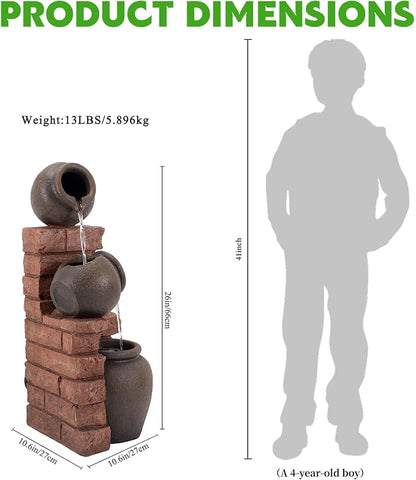 3-Tier Outdoor Water Fountain with LED Light, Garden Fountain Cascading Waterfall Fountain, Floor-Standing Water Feature for Patios, Porch, Backyards