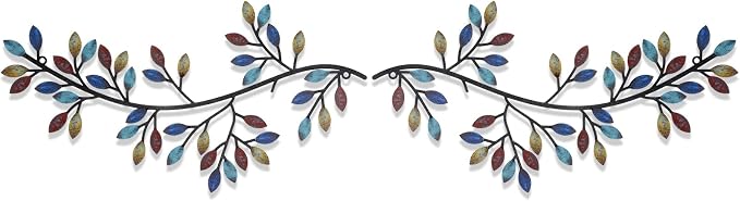 Hotop 2 Pieces Metal Tree Leaf Wall Decor Vine Olive Branch Leaf Wall Art Wrought Iron Scroll Sculptures Above the Bed, Living Room, Outdoor Decoration(Classic Style,Bright Color)