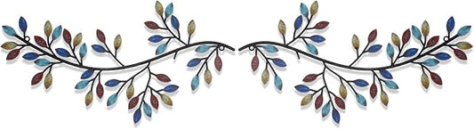 Hotop 2 Pieces Metal Tree Leaf Wall Decor Vine Olive Branch Leaf Wall Art Wrought Iron Scroll Sculptures Above the Bed, Living Room, Outdoor Decoration(Classic Style,Bright Color)