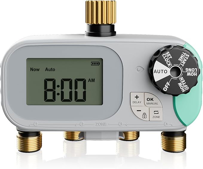 QUOBAS Sprinkler Timer for Garden Hose with Child Lock, Programmable Brass Digital Water Timer 4 Zone for Drip Irrigation, Pool, with Rain Delay/Auto/Manual, Waterproof Screen & Battery Powered