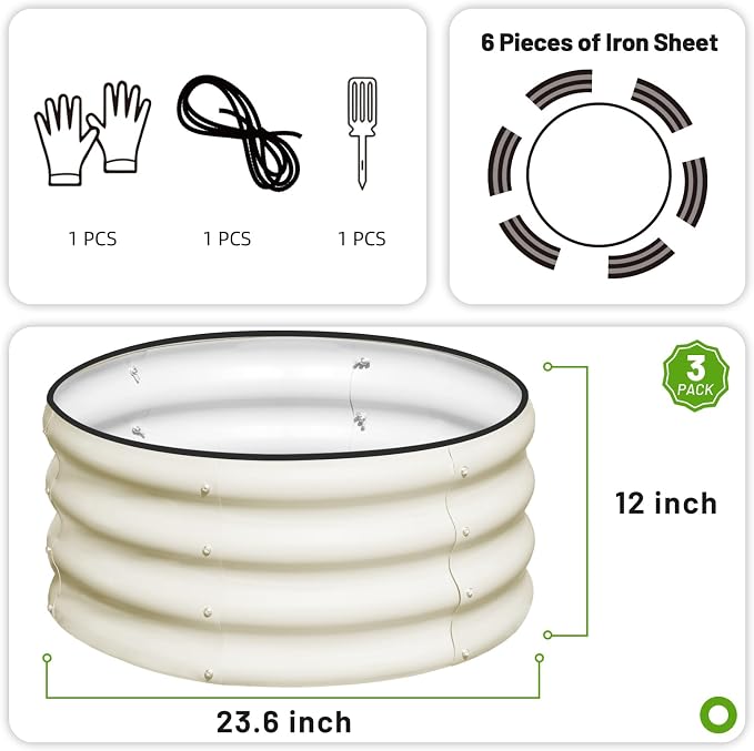 SnugNiture 3 Pcs 2x2x1ft Round Galvanized Raised Garden Bed Kit Outdoor, Metal Planter Box for Planting Plants Vegetables, White