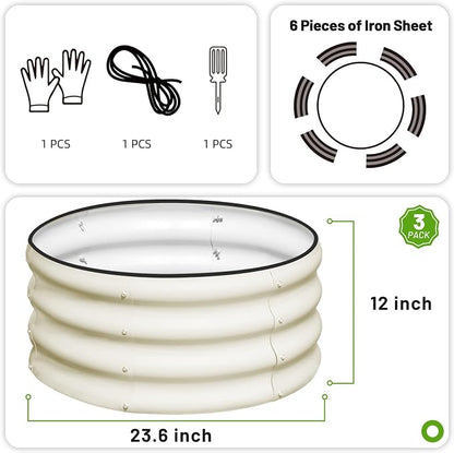SnugNiture 3 Pcs 2x2x1ft Round Galvanized Raised Garden Bed Kit Outdoor, Metal Planter Box for Planting Plants Vegetables, White