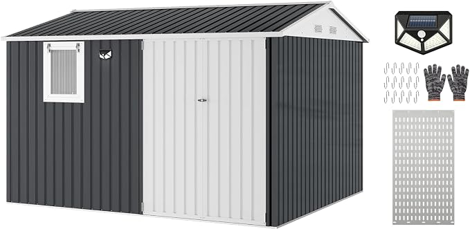 Garvee 10x8 FT Heavy-Duty Metal Outdoor Storage Shed with Solar Light | Motion Sensor Light, Window, Pegboard Tool Organizer, Lockable Doors, 4 Air Vents for Garden Patio Backyard Garage