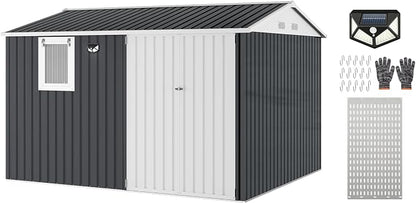 Garvee 10x8 FT Heavy-Duty Metal Outdoor Storage Shed with Solar Light | Motion Sensor Light, Window, Pegboard Tool Organizer, Lockable Doors, 4 Air Vents for Garden Patio Backyard Garage