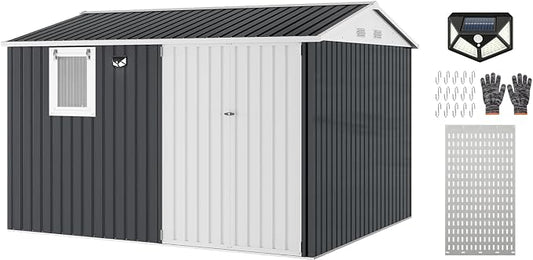 Garvee 10x8 FT Heavy-Duty Metal Outdoor Storage Shed with Solar Light | Motion Sensor Light, Window, Pegboard Tool Organizer, Lockable Doors, 4 Air Vents for Garden Patio Backyard Garage