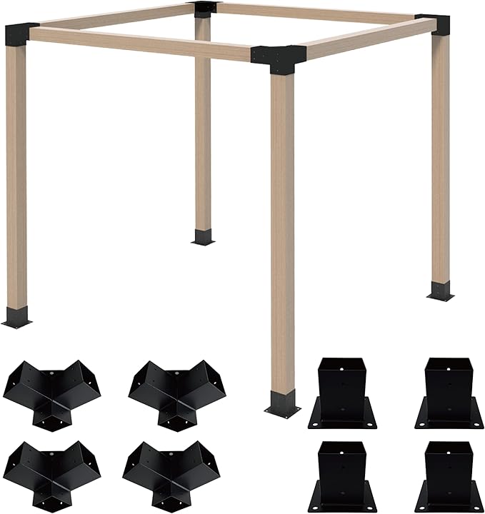 Pergola Bracket Kit 4x4, 4pcs 3-Way Right Angle Corner Bracket and 4pcs Base, Heavy Duty Corner Bracket DIY Shed Kit, for Gazebo, Pergolas, Wood Stand Sheds, Metal Gazebo Kits, with Screws