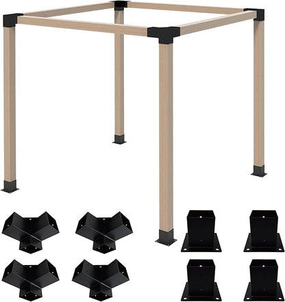 Pergola Bracket Kit 4x4, 4pcs 3-Way Right Angle Corner Bracket and 4pcs Base, Heavy Duty Corner Bracket DIY Shed Kit, for Gazebo, Pergolas, Wood Stand Sheds, Metal Gazebo Kits, with Screws
