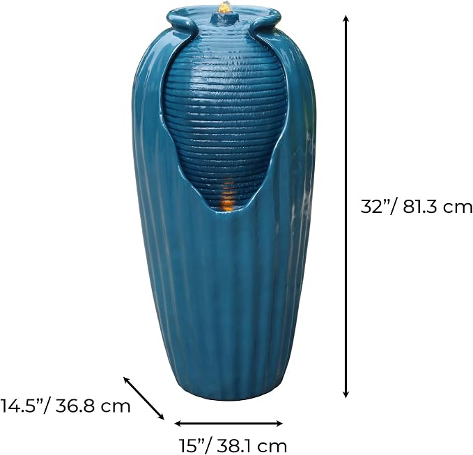 Teamson Home 32 in. Outdoor Contemporary Glazed Contoured Vase Water Fountain with LED Lights to Create a Calming Oasis in Gardens and Landscaping, on Patios, Balconies, Lawns, Teal Blue | Freestanding Floor Feature, Built-In LED Light, Glossy Teal Blu...