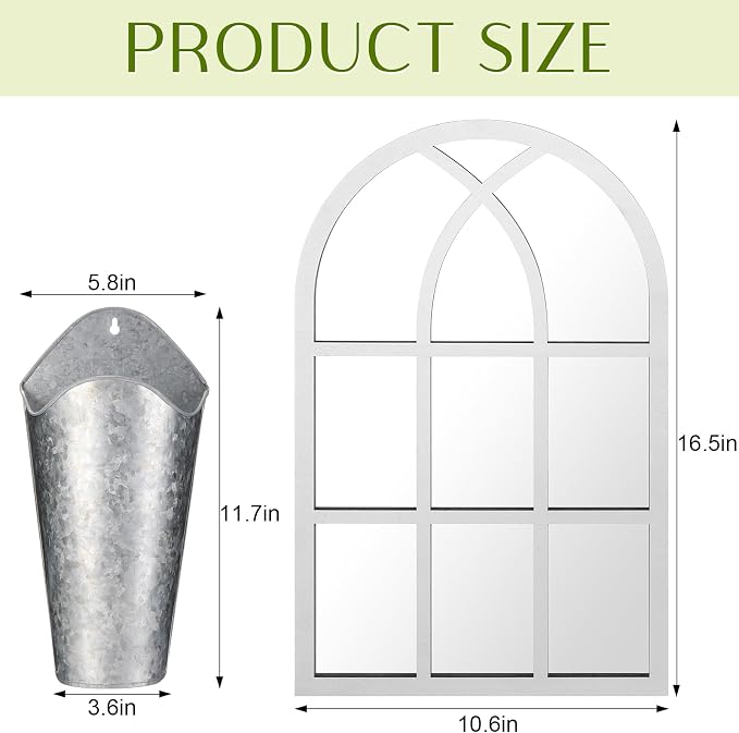 Chunful 3 Pcs Farmhouse Wall Decoration, Includes Self Adhesive Arched Acrylic Mirror and 2 Galvanized Planters, Farmhouse Mirrors with Wooden Frame Metal Tin Vases for Home Bedroom Living Room