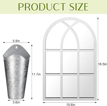 Chunful 3 Pcs Farmhouse Wall Decoration, Includes Self Adhesive Arched Acrylic Mirror and 2 Galvanized Planters, Farmhouse Mirrors with Wooden Frame Metal Tin Vases for Home Bedroom Living Room