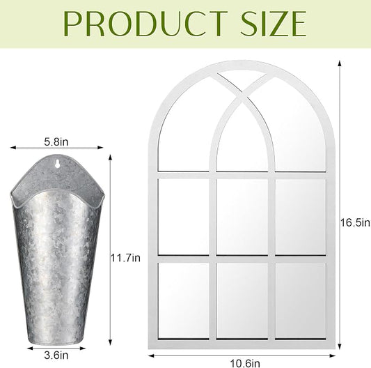 Chunful 3 Pcs Farmhouse Wall Decoration, Includes Self Adhesive Arched Acrylic Mirror and 2 Galvanized Planters, Farmhouse Mirrors with Wooden Frame Metal Tin Vases for Home Bedroom Living Room