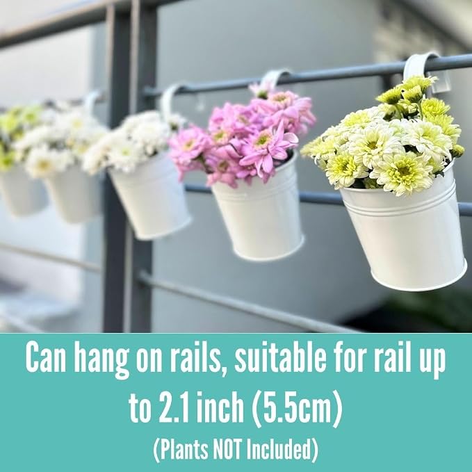 LaLaGreen Rail Planter (4 in, 10 Pack) White Metal Railing Flower Pots | Balcony railing planters for apartment, patio, porch, deck, fence, herb, succulent, flower boxes, outdoor plants