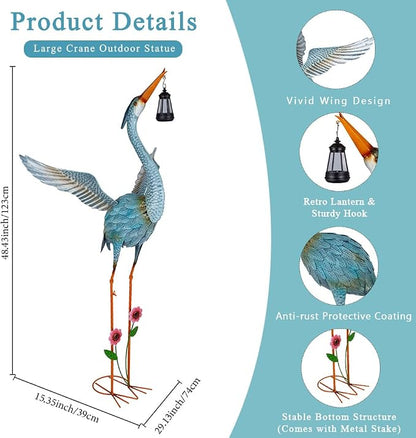Crane Garden Statue with Solar Lantern,Large Blue Heron Outdoor Staue | Metal Crane Sculpture, Yard Art Decor for Garden, Lawn, Backyard, Porch