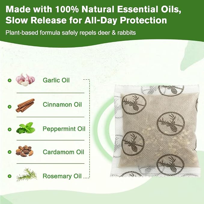 12 Pack Powerful Deer and Rabbit Repellent Pouches, Natural Rabbit Repellent Outdoor Use Safe for Kid & Pet, Effective Deer Away Deer Repellent for Plants, Garden, Yard, Lawn, Orchard & Vegetable Bed