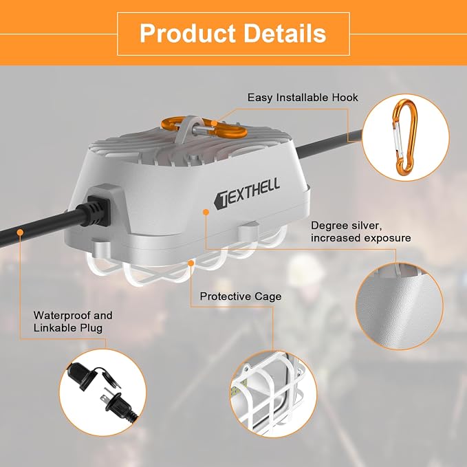 50ft LED Construction String Lights 150W Super Bright 15000LM Work Lights String Connectable Design for Workplace, Warehouse, Garage, RV, Indoor and Outdoor Weatherproof Temporary Lighting