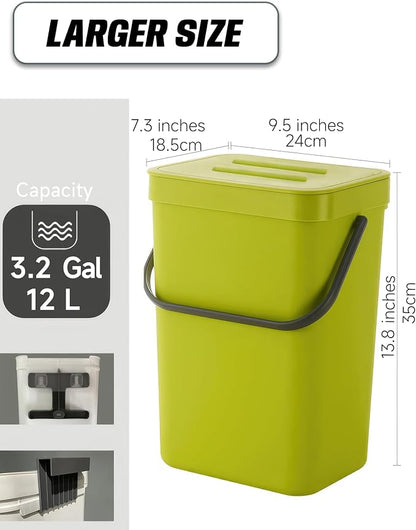 3.2 Gallons Hanging Trash Can with Lid - Kitchen Garbage Can, Under Sink Trash Can, Garbage Can for Bathroom, Waste Bucket Outdoor Indoor, 12L(Lime Green)