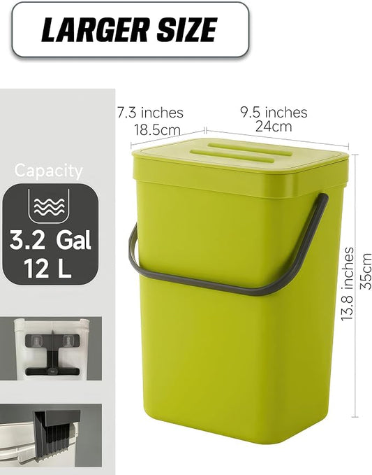 3.2 Gallons Hanging Trash Can with Lid - Kitchen Garbage Can, Under Sink Trash Can, Garbage Can for Bathroom, Waste Bucket Outdoor Indoor, 12L(Lime Green)