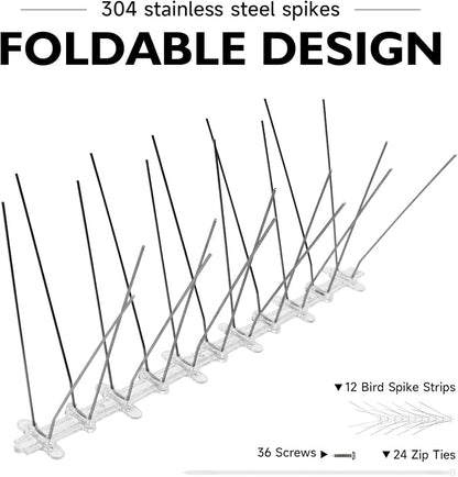 Pre-Assembled Bird Spikes Foldable Stainless Steel Spikes with Polycarbonate Base Pigeon Spikes Fence Kit for Small Bird Crows Woodpeckers (12 Strips 9.84 Feet)