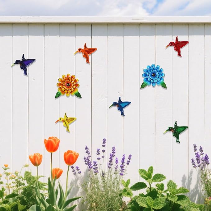 8 PCS Metal Hummingbird Flower Wall Art Garden Decor, 6“ Birds Sunflower Outdoor Wall Art, 3D Colorful Bird Wall Hanging Art Sculpture Outside Living Room Porch Garden Yard