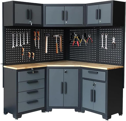 Garage Storage Cabinet System 8-Pcs Garage Cabinets and Storage System Corner Workshop Set with Corner Cabinet, Cabinet Drawers, Workbench, Pegboard for Tool Organization, Black and Grey