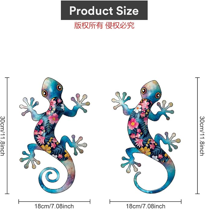 Metal Gecko Outdoor Decor -2 Pack 11.8 inch Metal Lizard Wall Hanging Sculpture Decoration for Indoor or Outdoor, Garden Yard Fence Porch Wall Decor, Gift for Mom Dad Friends (Blue)