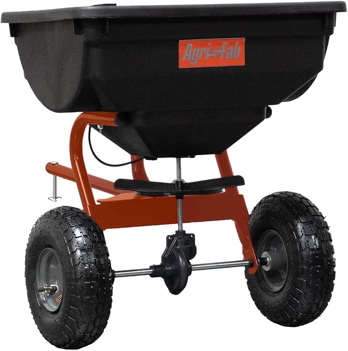 Agri-Fab Tow Behind Broadcast Spreader for Seed and Fertilizer, 85 lb Poly Hopper Capacity with Cable Flow Control, Made in USA