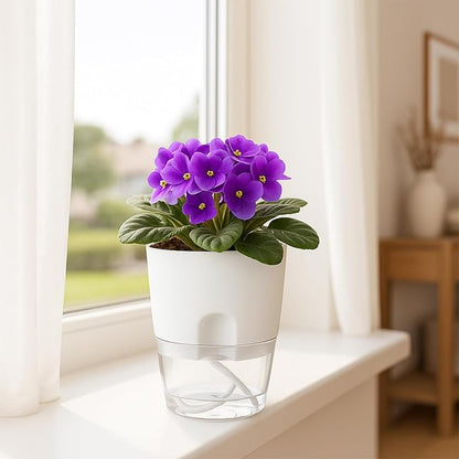 Planterhoma 8 Pack Self Watering Pots for Indoor Plants, 4 Inch Plant Pot Plastic Self Watering Planter for Orchid, African Violet, Small Clear Flower Pots with Drainage Holes and Wicking Rope, White