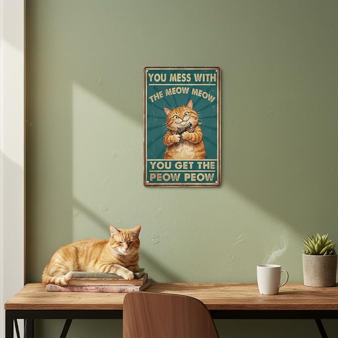 Funny Cat Sign Vintage Cat Wall Art Cat Metal Tin Signs Cat Decor Gifts For Cat Lovers Cat Posters You Mess With The Meow Meow You Get The Peow Peow Sign 8x 12 Inch