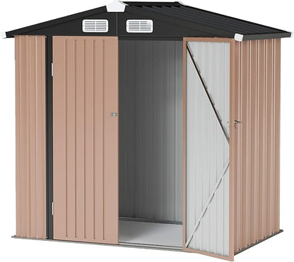 6x4FT Outdoor Storage Shed Brown | Metal Garden Tool Shed with Sloping Roof & Lockable Door for Garden, Patio, Backyard