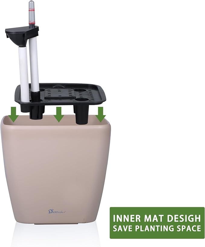 Dexceder 9x8 Self Watering Planter (Taupe Matte) | Inner Mat Design, Thickened Table Flower Plant Pot with Water Level Indicator Indoor Outdoor
