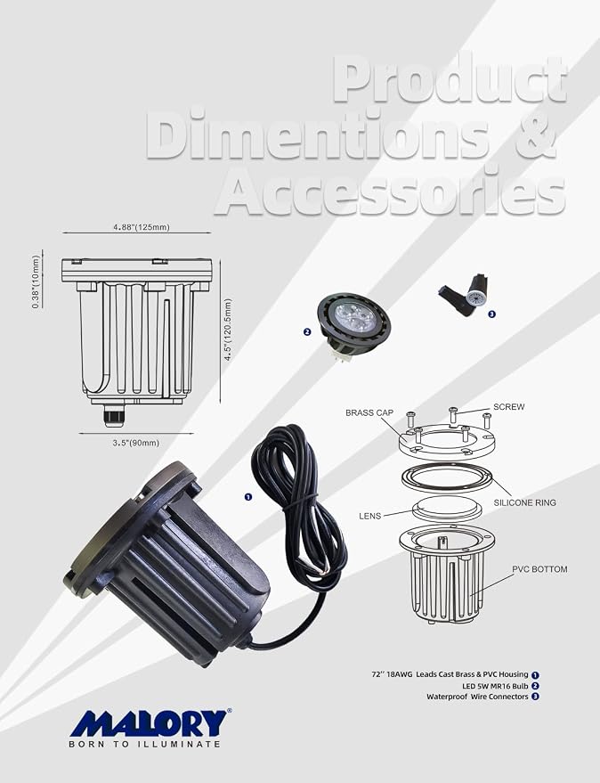 MALORY Low Voltage Landscape Lights, (φ126 mm) Brass Top Cover 12V Outdoor In Ground Lights, LED Well Lighting for Pathway, Driveway, Deck Step and Garden 1 Pack with MR16 Bulb (Flat Top)