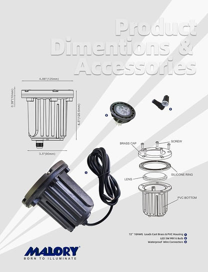 MALORY Low Voltage Landscape Lights, (φ126 mm) Brass Top Cover 12V Outdoor In Ground Lights, LED Well Lighting for Pathway, Driveway, Deck Step and Garden 1 Pack with MR16 Bulb (Flat Top)