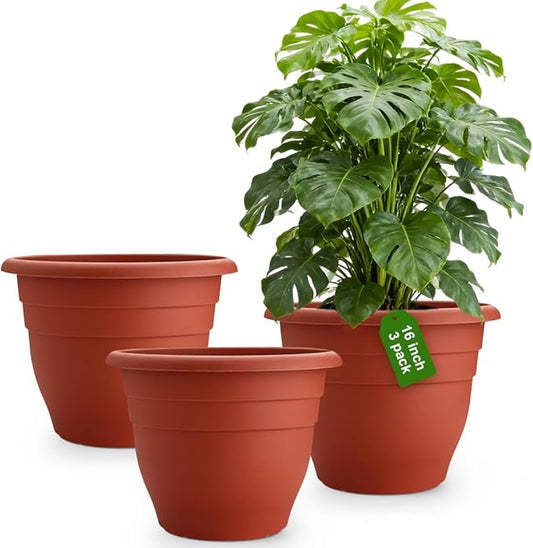 RooTrimmer 3-Pack 16 Inch Large Outdoor Plastic Plant Pots with Drainage Holes – Durable,Lightweight & Weather-Resistant Flower Planters for Patio,Garden,Balcony (Pottery Red)
