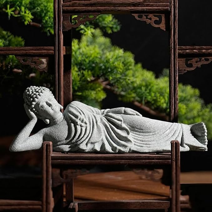 PRETYZOOM Little Reclining Buddha Ornament 3.54In Sandstone Mini Statue Indoor Zen Garden Meditation Decoration