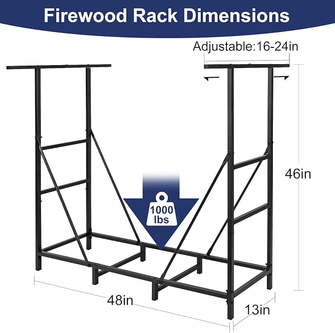 HONEST OUTFITTERS 4ft Firewood Rack Outdoor, Adjustable Heavy Duty Firewood Holder, Adjustable Wood Racks for Outdoor Indoor, Metal Log Racks for Firewood with Firewood Bag Carrier, Black