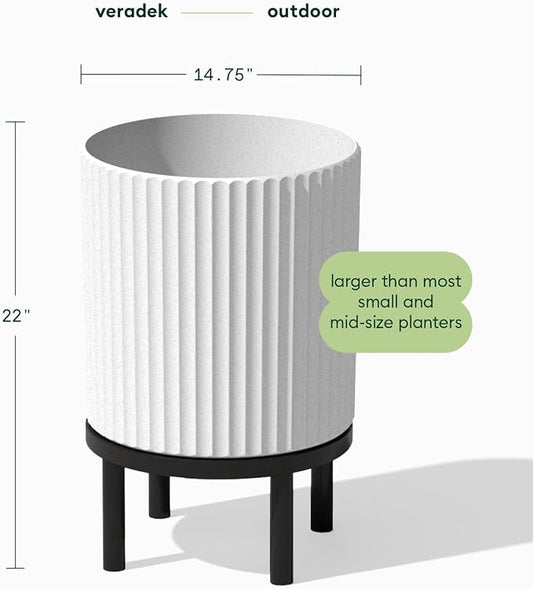 Veradek Demi Series Round Planter w/Stand for Porch/Patio | Durable Plastic-Stone Composite & Wooden Stand | Modern Décor for Tall Plants, Flowers
