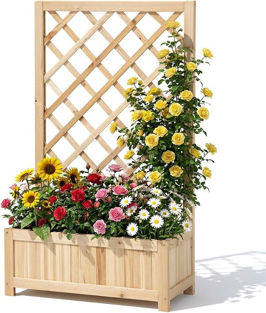 Wooden Raised Garden Bed with Trellis, 40" Outdoor Planter Box for Climbing Plants, Vertical Natural Wood Garden Planter for Vegetables, Flowers & Vines, Lattice Plant Support for Patio Yard Balcony